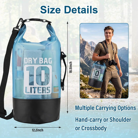 10L Waterproof Dry Bag Backpack For Men And Women showing size details and carrying options in a mountain setting.