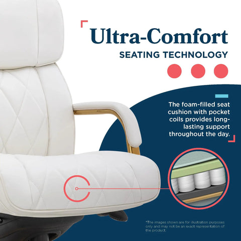 Symphony Ergonomic Bonded Leather Swivel Executive Chair With Generous Lumbar Support, White And Gold Upholstery, seat detail