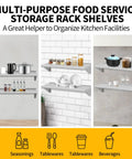 Two Pack Top Tier Wall Mounted Floating Shelves Crafted From Brushed Stainless Steel For Badass Kitchen Bar Restaurant And Hotel Setup With Rock Solid Brackets That Lock Firm And Handle Heavy Loads Daily, displaying various kitchen items.