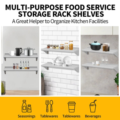 Two Pack Top Tier Wall Mounted Floating Shelves Crafted From Brushed Stainless Steel For Badass Kitchen Bar Restaurant And Hotel Setup With Rock Solid Brackets That Lock Firm And Handle Heavy Loads Daily, displaying various kitchen items.