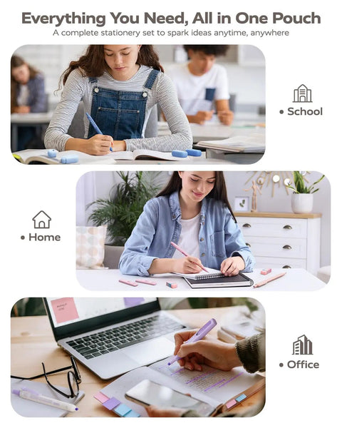 All In One Back To School Supplies Set with case used by students and professionals for school, home, and office tasks.