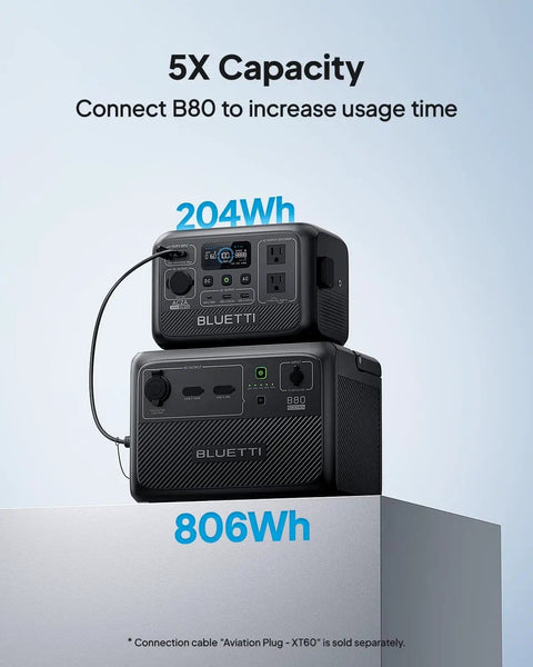 Portable 204Wh LiFePO4 Solar Generator with two 300W AC outlets and six ports shown on the table, connected to B80 for increased capacity