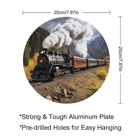 Dope Circular Metal Wall Art Featuring A Vintage Locomotive Train For Living Room And Office Decor Large Round Sign With Industrial Rustic Vibes Durable Metal Wall Hanging For Home Studio Or Workspace