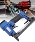 Kickass Heavy Duty Pneumatic Brad Nailer Kit 20 Gauge Quarter Through Half Inch With Slick Stainless Steel Quick Connect close-up image showing ergonomic handle and trigger.