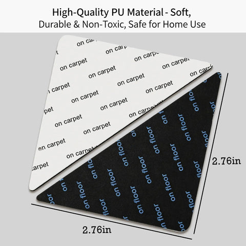 Eight Piece Triangle Rug Pads Set 70x70mm No Slip Dual Sided Adhesive Pads For Hardwood Floors Tiles Marble Reusable Rug Tape Keeps Area Rugs Flat And Prevents Curling Black showing one white and one black triangular pad with text 'on carpet' and 'on floor'.