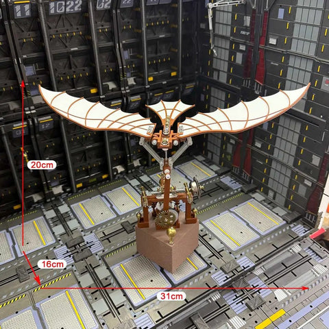 Da Vinci Flapping Wing DIY Model Kit 3D Metal Wind Up Ornithopter in mechanical setting, dimensions 20cm x 16cm x 31cm.