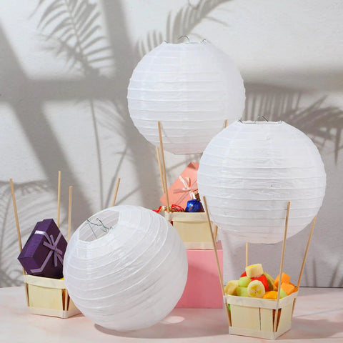 Easy DIY Hot Air Balloon Centerpieces Kit With White Paper Lanterns 24 Lanterns 24 Wooden Baskets And 100 Sticks displayed