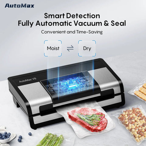 High Power Auto Vacuum Sealer with 95KPa Vacuum, sealing marinated steak, in sleek silver and black on countertop