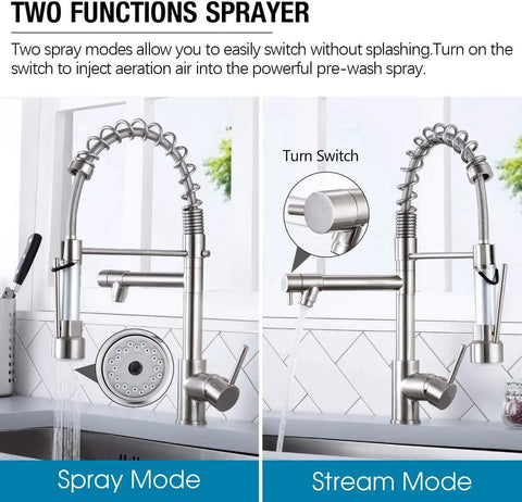 Kitchen Faucet with Pull Down Sprayer, Commercial Spring Single Handle Stainless Steel Sink Faucet, showcasing spray and stream modes.