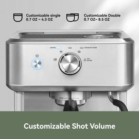 EzBru 1000 58mm Commercial Espresso Machine With Dual PID And NTC Temperature Control front view showing customizable shot settings.