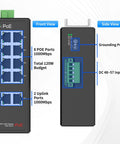 8 Port Gigabit PoE Plus Switch With DIN Rail Power Supply And Two Gig Uplink Ports, 120W Budget, Built For IP Cameras, VoIP Phones, And Wireless APs, Rugged Onsite Industrial Network Gear front and side view