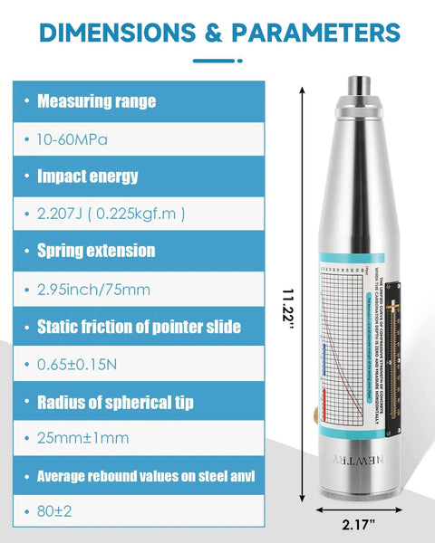 Concrete Rebound Hammer Tester Portable Resiliometer For On The Go In Situ Strength Testing with dimensions and parameters.