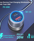 Dual Port USB C Car Charger 36W Hella Fast Charging Plug N Play Cigarette Lighter Adapter With PD QC 3.0 Power Delivery For iPhone 15 14 13 Samsung Galaxy S24 S21 iPad Pixel Road Trip Essential Grey close-up of ports