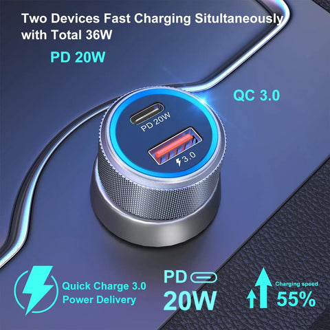 Dual Port USB C Car Charger 36W Hella Fast Charging Plug N Play Cigarette Lighter Adapter With PD QC 3.0 Power Delivery For iPhone 15 14 13 Samsung Galaxy S24 S21 iPad Pixel Road Trip Essential Grey close-up of ports