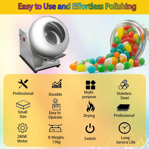 Heavy Duty Candy Coater Machine Automatic Sugar Ball Drying Drum Polisher Running Like A Dream For Pharmaceutical Tablet Coating And Food Seasoning Projects with colorful candy.