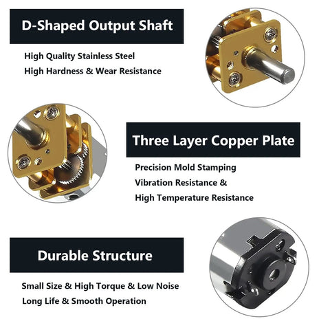 Close-up of Compact 12 Volt High Torque Gear Motor With A 3mm Shaft And Metal Gears showcasing D-shaped shaft, copper plate, and durability.
