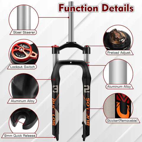 Fat Tire MTB Front Suspension Fork 26 Inch, 100mm Travel, 135mm Spacing, 9mm QR, detailed components view