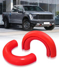 Ford F150 Tow Hook Cover 2 Piece Red Set For 2004-2026 Models And Bronco 2021-2026 displayed with truck