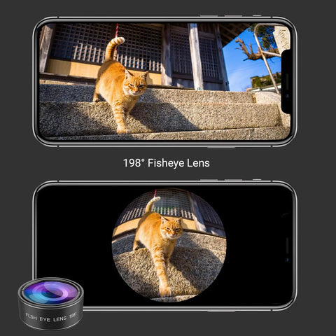 5 In 1 Phone Camera Lens Kit With 0.63x Wide Angle, 15x Macro, 190 Degree Fisheye, 2x Telephoto Zoom, And CPL Filter on smartphone showing fisheye effect with cat.