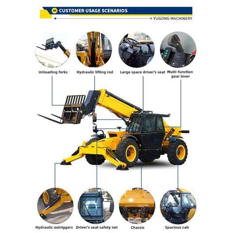 Heavy Duty Telescopic Boom Handler With Smooth Hydraulic Controls High Performance Telehandler Forklift showcasing unloading forks, hydraulic lifting rod.