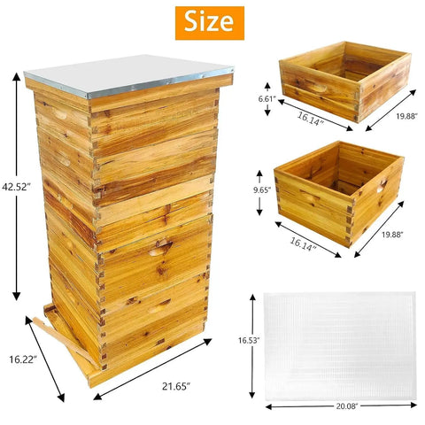 Five Layer Langstroth Beehive Starter Kit Dipped In 100 Percent Beeswax Coated Hive size and dimensions shown
