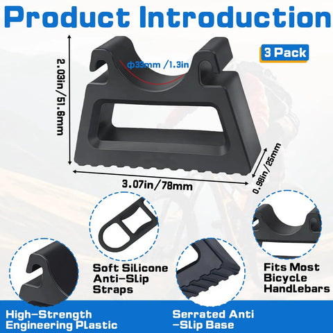 Three Pack Bike Handlebar Stand with Quick Release Brackets Showing Dimensions and Features