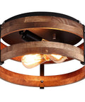 2 Light Rustic Oak Wood Round Drum Ceiling Light Fixture For Hallways Bedrooms Kitchens And Entryways Farmhouse Black Flush Mount