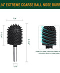 Extreme Coarse Ball Nose Rotary Burr For 1/4 Inch Shaft, Tungsten Carbide Wood Rasp Bit For Drills with measurements