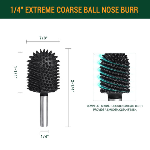 Extreme Coarse Ball Nose Rotary Burr For 1/4 Inch Shaft, Tungsten Carbide Wood Rasp Bit For Drills with measurements