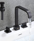 Matte Black 2-Handle 3-Hole Widespread Bathroom Sink Faucet With Pop-Up Drain, Solid Brass Construction, 8-Inch Centers, Waterfall Style Gooseneck Spout, Fingerprint-Resistant Finish, Easy Temperature Control