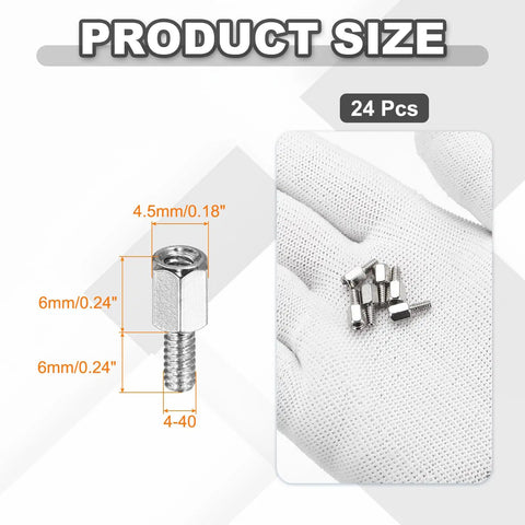 Heavy Duty 24 Pack 4-40 Thread 6mm Nickel Plated Copper Hex Standoffs shown with size dimensions and group in hand.