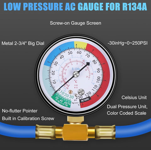 Pro Grade AC Charge Hose With Gauge For R134A Car HVAC Refrigerant Recharge Kit gauge with color-coded scale and brass fitting