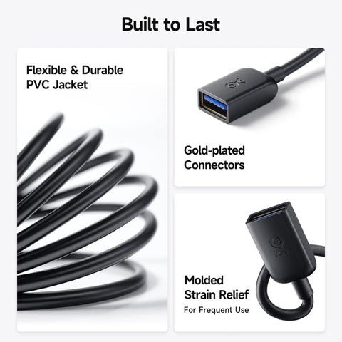USB 3.0 Extension Cable 3-Foot Male To Female, 5Gbps SuperSpeed Extender, showing black coil, gold-plated connector and strain relief