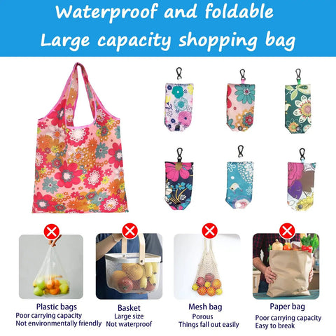 Six Pack Reusable Foldable Grocery Bags with In Pocket Pouches, machine washable, eco-friendly floral tote bags, water resistant.