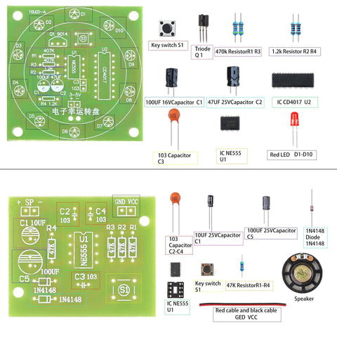 Five-Project Soldering Practice Kit With DIY Electronics Projects Including Tesla Coil Wireless Light, Lucky Turntable, Doorbell, components displayed.