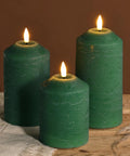 Green Christmas Flameless Pillar Candles With Remote Control Battery Powered Led Wax Candles Real Wax Look And Flicker Flames Cone Top Design With Lifelike Wicks 3 Pack For Cozy Holiday Vibes on wooden table