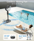 No Hose Needed Misting Fan With Built In Pump 12 Inch Portable Outdoor Oscillating Pedestal Fan next to pool with people.
