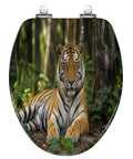 Elongated Tiger portrait Toilet Seat with detailed tiger design, sturdy resin material, and soft-close hinges for bathroom use.