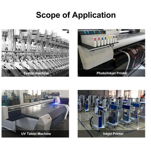 Image showing the scope of application for the DC24V 7W Inkjet Printer Pump including textile machines, photo inkjet printers, and UV tablets.
