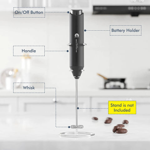 Mini Handheld Milk Frother Wand With Stainless Steel Whisk Battery Powered Drink Mixer For Coffee Lattes Cappuccinos And Matcha No Stand Needed Portable Barista Style Foam On The Go Gift For Coffee Lovers Black shown with labeled parts