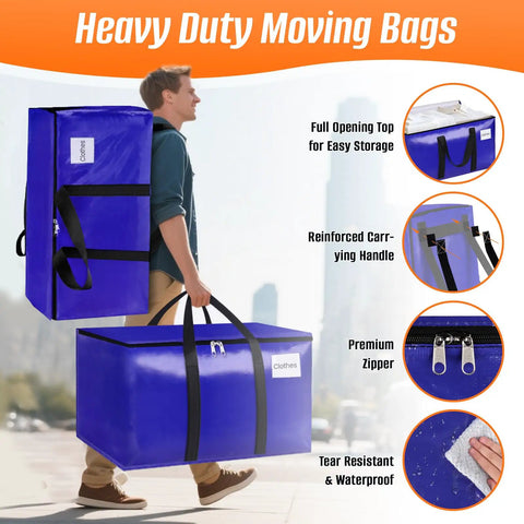 Person carrying Eight Pack Heavy Duty Moving Bags With Backpack Straps And Carry Handles 93 L 25 Gallon Foldable Storage Totes Blue