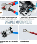 Tivorex battery cable lug crimping tool with cutter, blue/red handles, includes ring terminals and heat shrink tubing