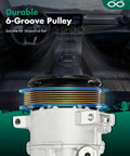 Top Tier AC Compressor With Clutch For Dodge Journey Chrysler 200 Avenger Cirrus Sebring 2.4 Liter And 3.5 Liter Engines 2007 Through 2020 showing durable 6-groove pulley.