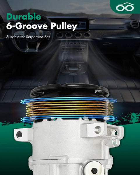 Top Tier AC Compressor With Clutch For Dodge Journey Chrysler 200 Avenger Cirrus Sebring 2.4 Liter And 3.5 Liter Engines 2007 Through 2020 showing durable 6-groove pulley.