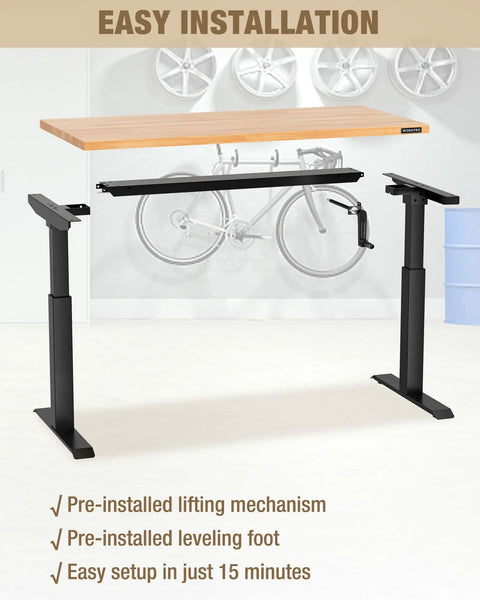 Beefy Adjustable Standing Workbench With Crank Handle 300 Lb Load 47.2 By 23.6 Inch Rubber Wood Top Height Adjustable From 28.74 To 47.24 Inches For Garage And Shop Tasks, showing easy installation components on display.