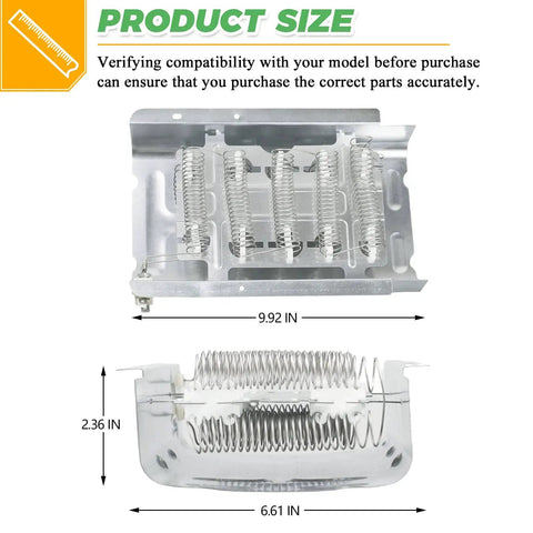 Dimensions of Upgraded 279838 Dryer Heating Element Kit NED4655EW1 MEDC215EW1 For Whirlpool Maytag Kenmore shown with chrome details