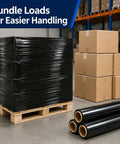 Heavy Duty Black Stretch Wrap Film 50 Cm Roll For Moving And Shipping Secure Cartons Furniture Parts With Hella Strong Self Adhesive Hold For Real Deal Users on stacked pallets with boxes.