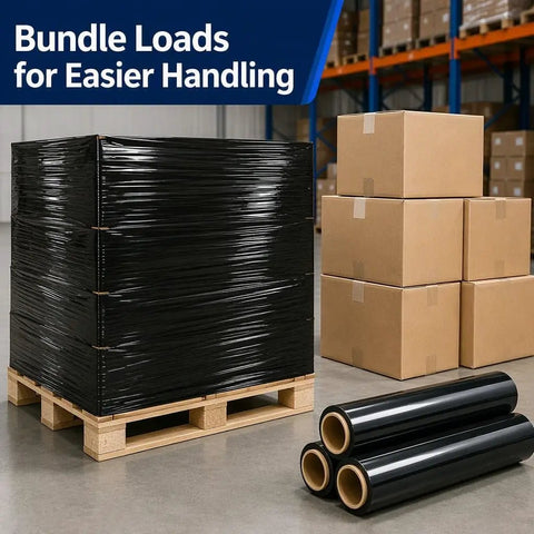 Heavy Duty Black Stretch Wrap Film 50 Cm Roll For Moving And Shipping Secure Cartons Furniture Parts With Hella Strong Self Adhesive Hold For Real Deal Users on stacked pallets with boxes.