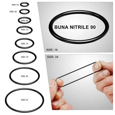 Flat Face O Ring Kit For ORFS Hydraulic Fittings Buna N 90 180 Pieces With Mixed Sizes From Quarter Inch To One Inch shown in sizes 04 to 24.