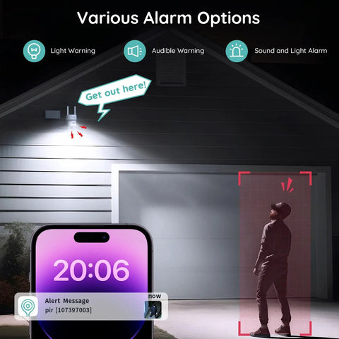 2K Ultra Clear Solar Wireless Outdoor Security Camera With 360 Degree PTZ detecting motion near garage with phone alert
